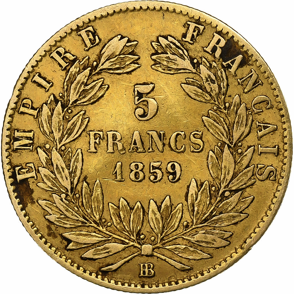 Francia, Napoleon III, 5 Francs, 1859, Strasbourg, Oro, BC+, Gadoury:1001