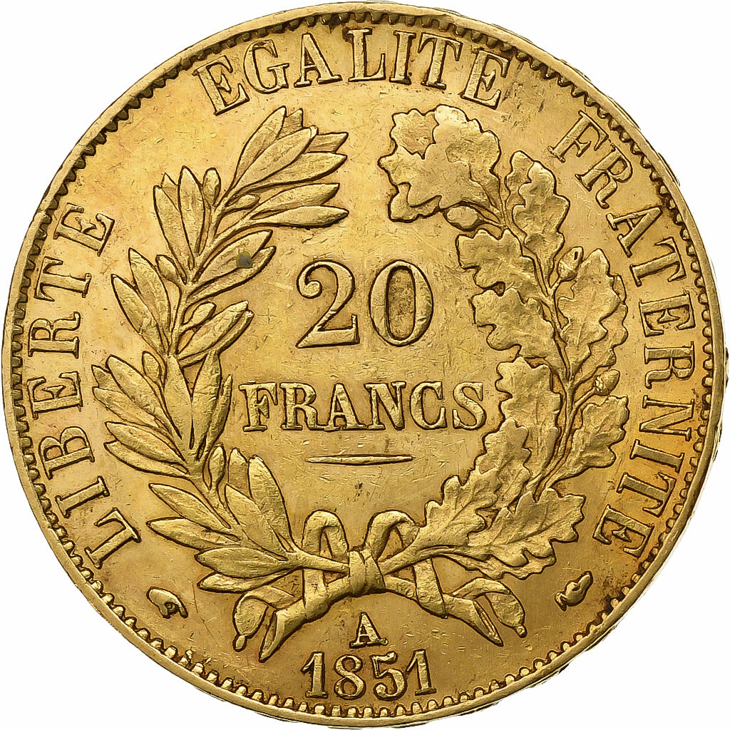 Francja, 20 Francs, Cérès, 1851, Paris, Złoto, AU(50-53), Gadoury:1059