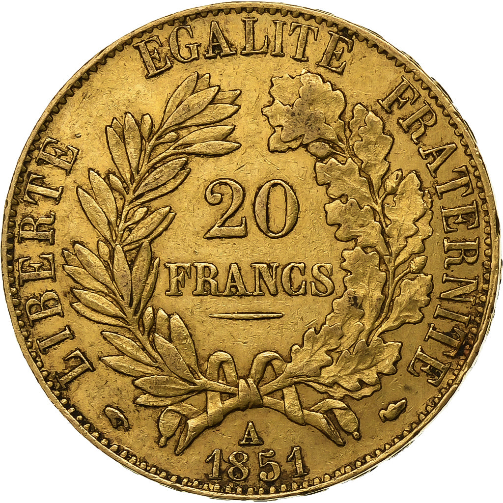 Francia, 20 Francs, Cérès, 1851, Paris, Oro, MBC, Gadoury:1059, KM:762