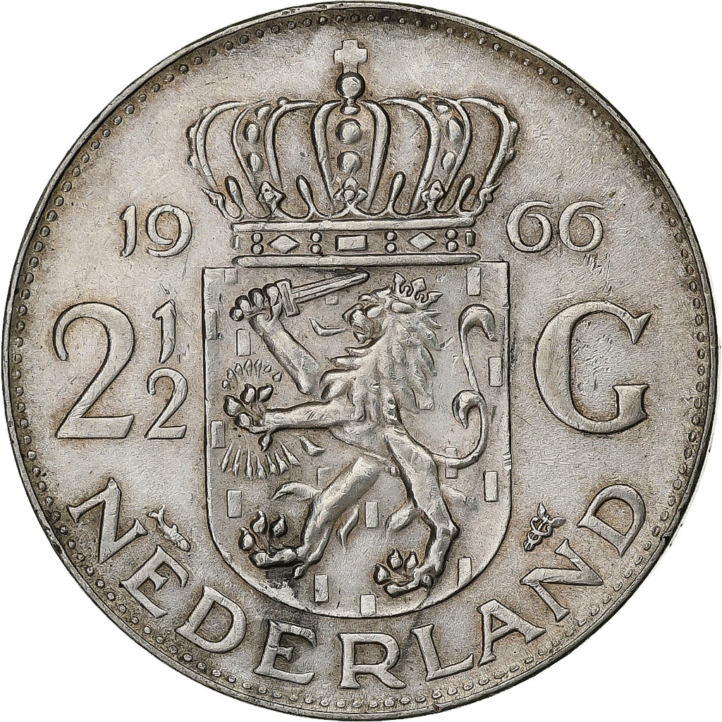 Países Bajos, Juliana, 2-1/2 Gulden, 1966, Plata, EBC, KM:185