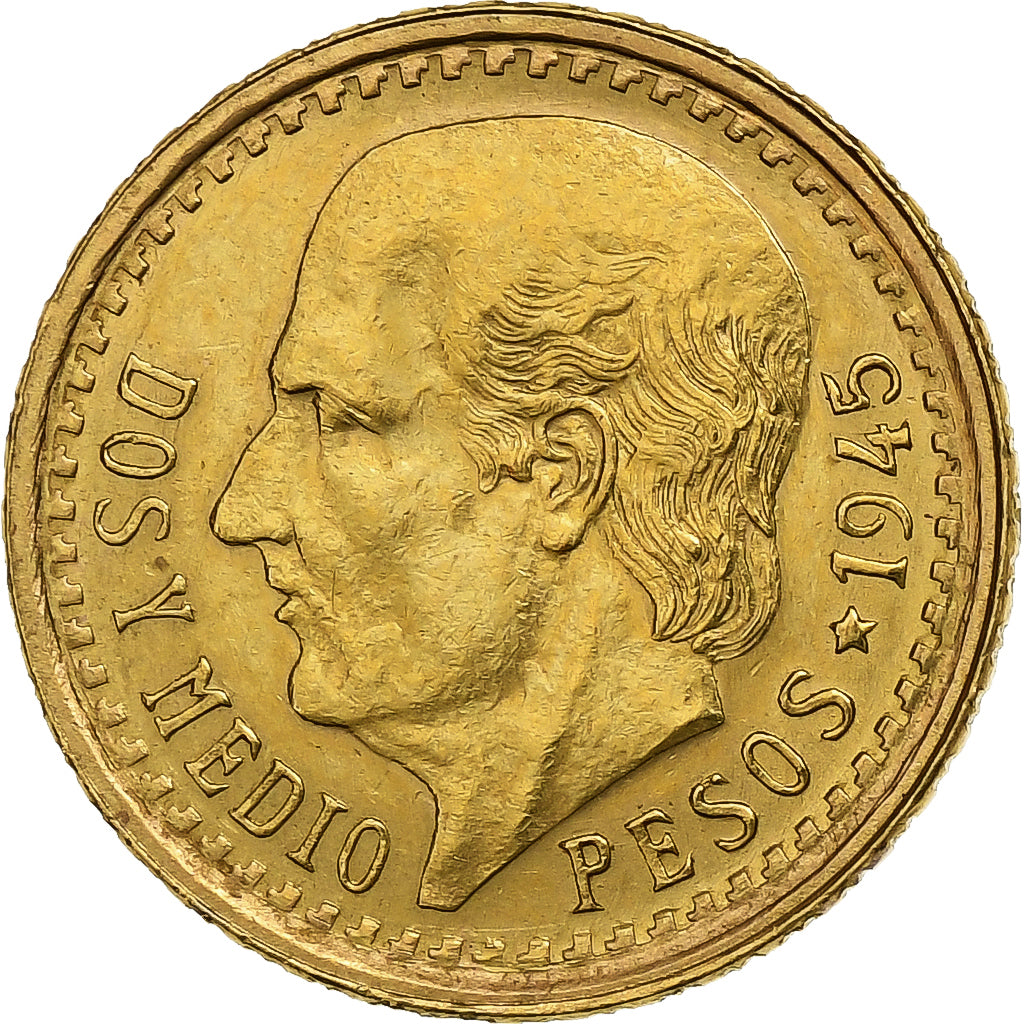 Mexico, 2-1/2 Pesos, 1945, Mexico City, Gold, AU(55-58), KM:463