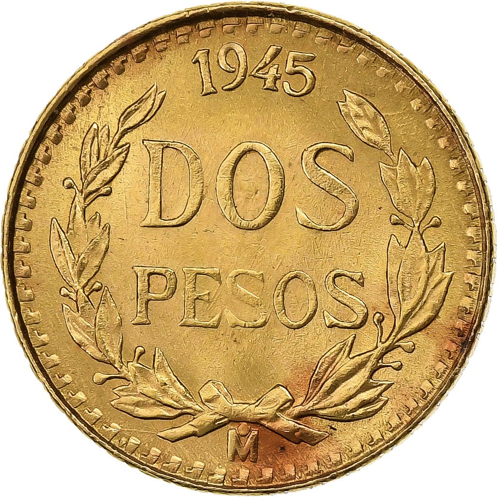 Mexico, 2 Pesos, 1945, Mexico City, Gold, AU(55-58), KM:461
