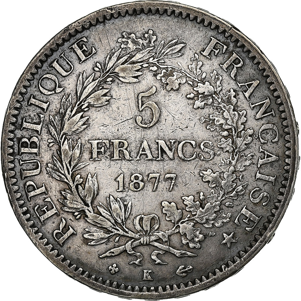 France, 5 Francs, Hercule, 1877, Bordeaux, Argent, TTB+, Gadoury:745a, KM:820.2