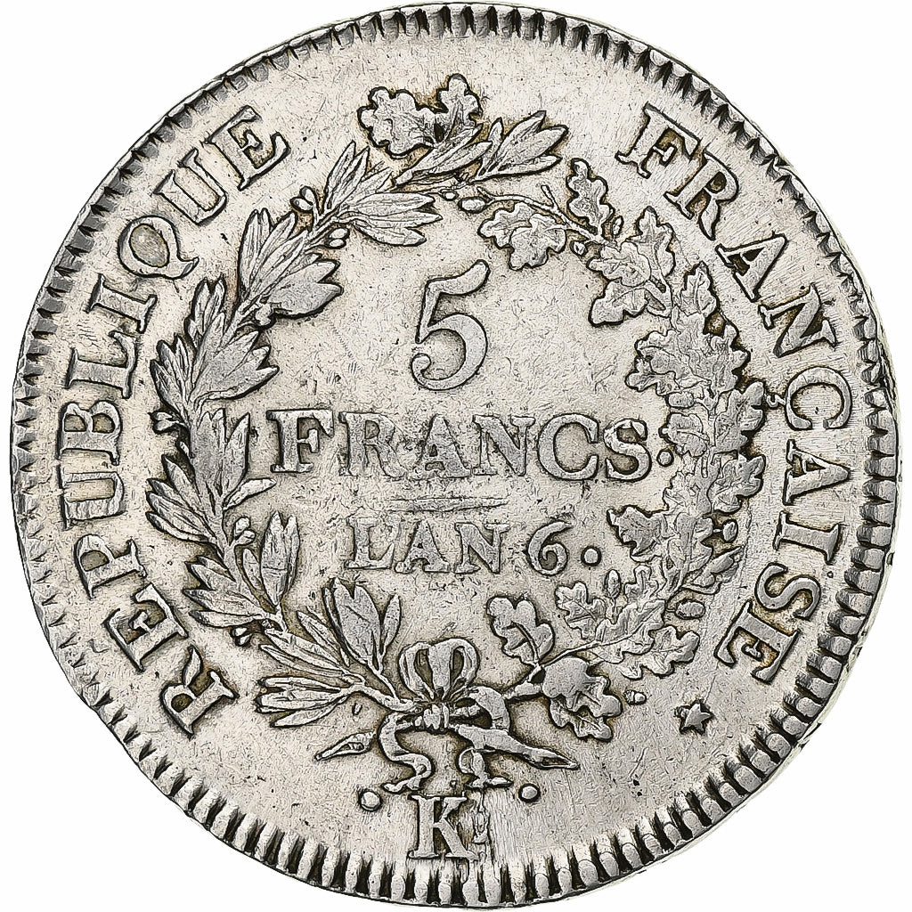 France, 5 Francs, Union et Force, AN 6, Bordeaux, Silver, EF(40-45)
