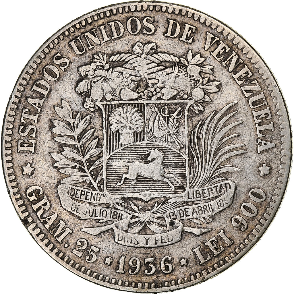 Venezuela, Gram 25, 5 Bolivares, 1936, Silver, VF(30-35), KM:24.2