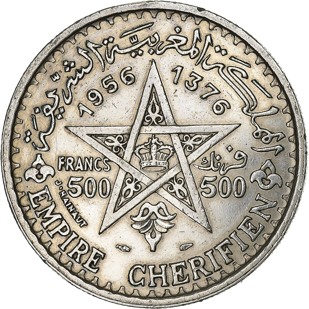 Morocco, Mohammed V, 500 Francs, 1956, Paris, Silver, EF(40-45), Lecompte:293