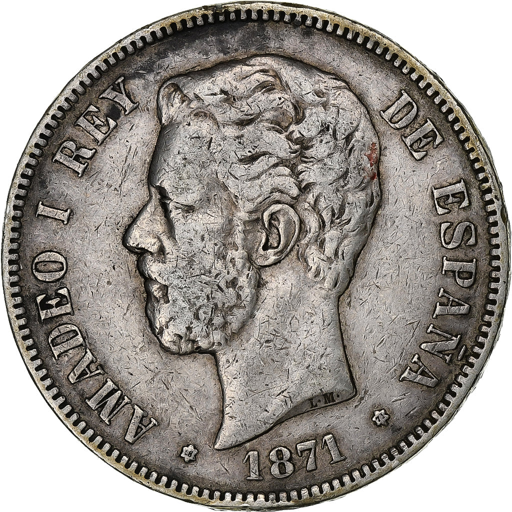 Spanje, Amadeao I, 5 Pesetas, 1871, Madrid, Zilver, FR+, KM:666