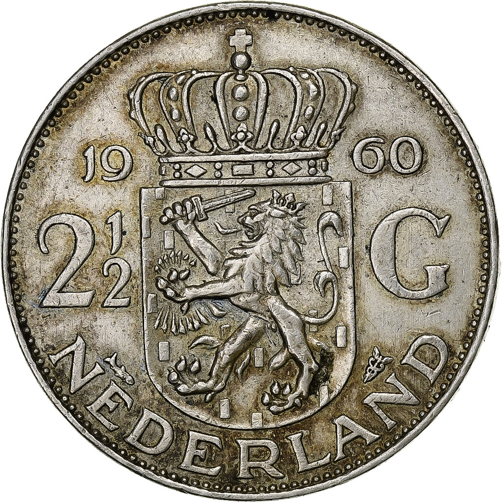 Paesi Bassi, Juliana, 2-1/2 Gulden, 1960, Argento, BB+, KM:185