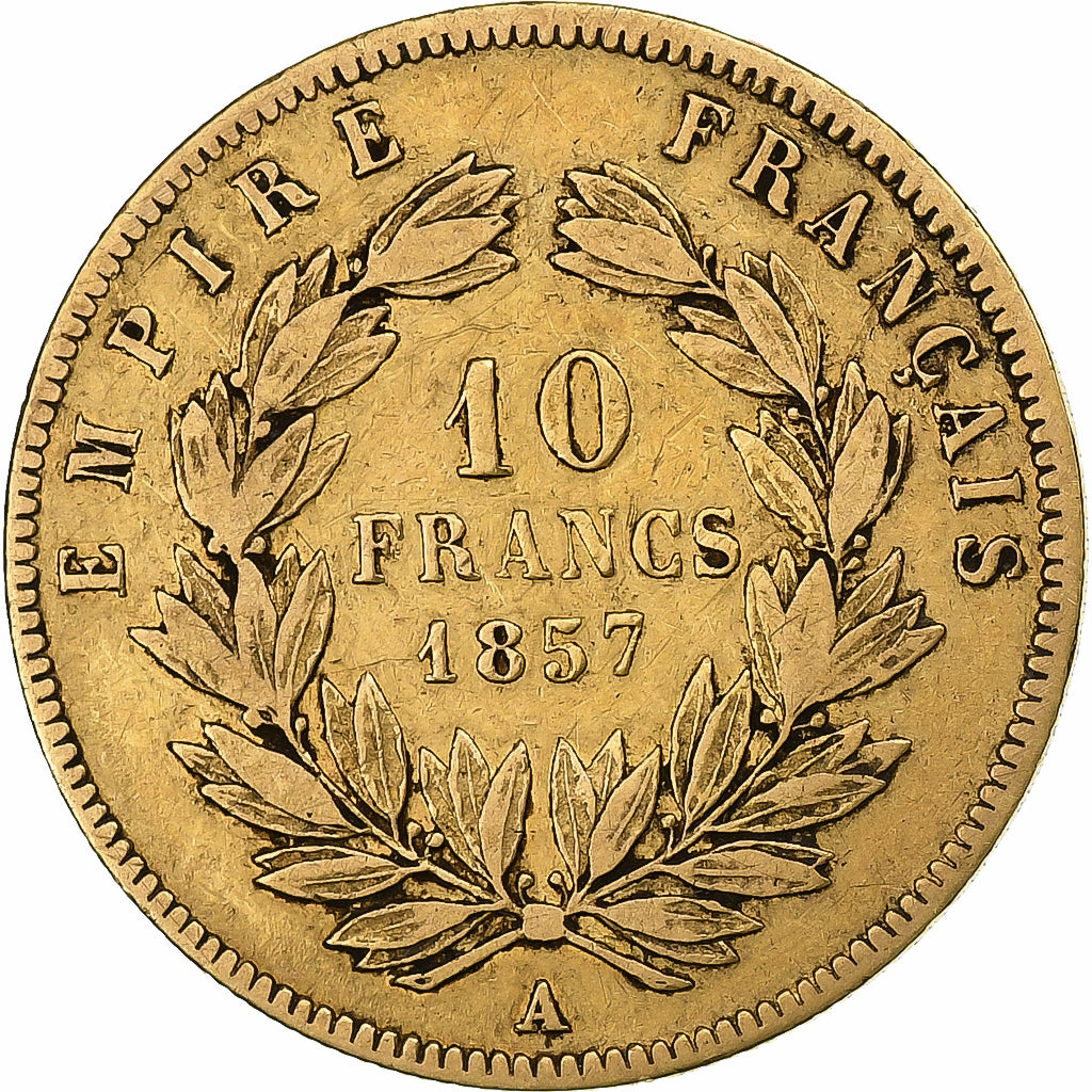 Francia, Napoleon III, 10 Francs, 1857, Paris, Oro, BC+, Gadoury:1014, KM:784.3