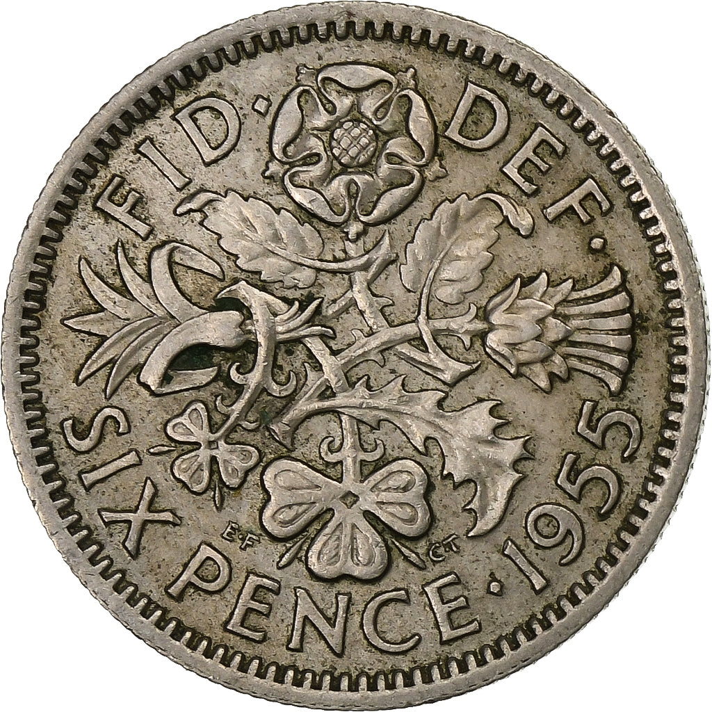 Wielka Brytania, Elizabeth II, 6 Pence, 1955, Miedź-Nikiel, EF(40-45), KM:903