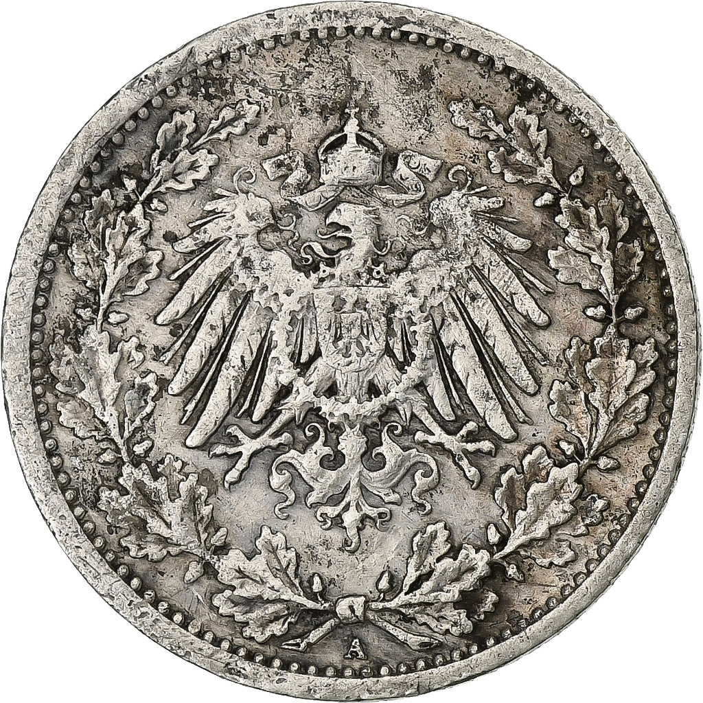 ALEMANIA - IMPERIO, Wilhelm II, 1/2 Mark, 1909, Berlin, Plata, BC+, KM:17
