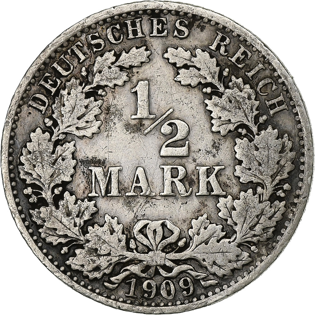ALEMANIA - IMPERIO, Wilhelm II, 1/2 Mark, 1909, Berlin, Plata, BC+, KM:17