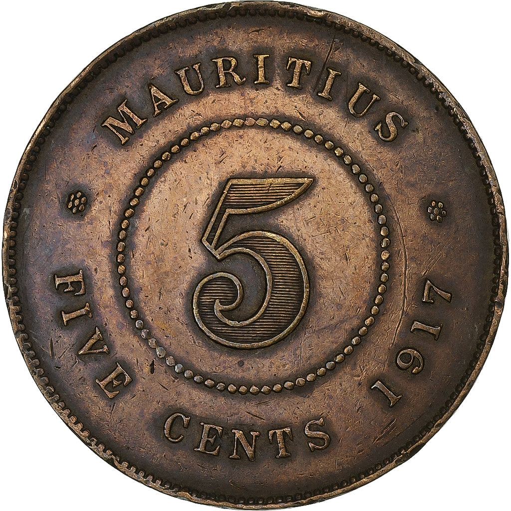 Mauritius, George V, 5 Cents, 1917, Bronze, EF(40-45), KM:14
