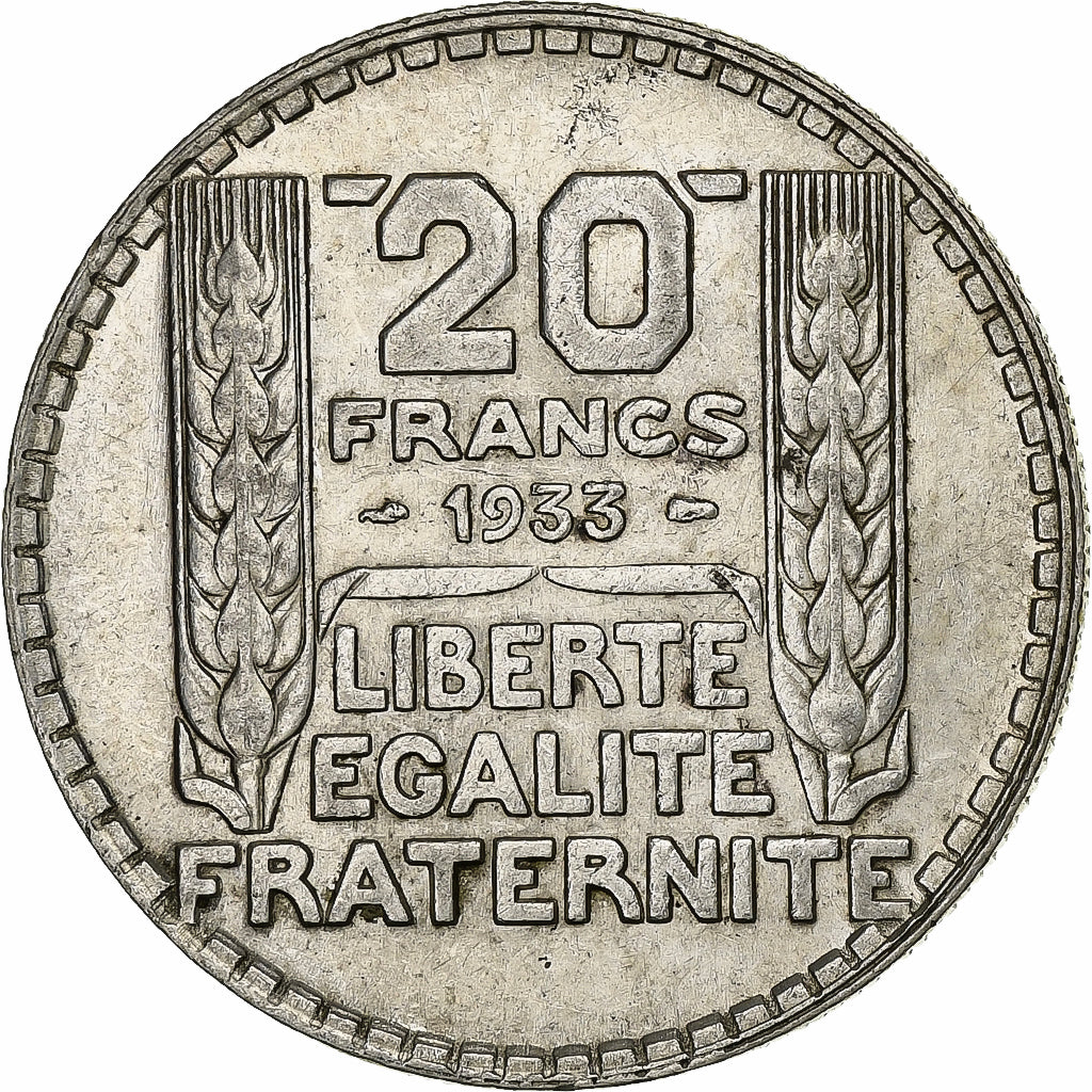 France, 20 Francs, Turin, 1933, Paris, Rameaux courts, Silver, AU(50-53)