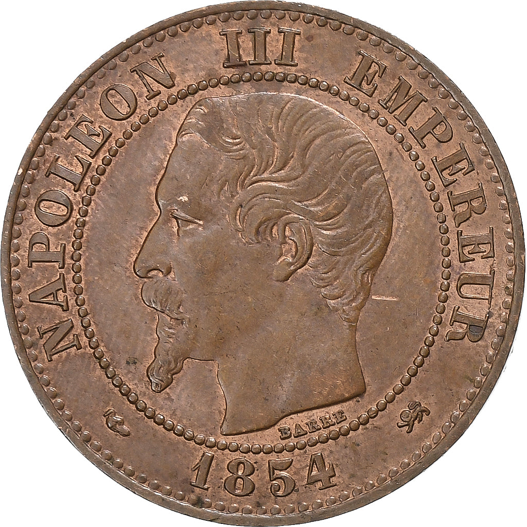 Francja, Napoleon III, 2 Centimes, 1854, Lyon, petit lion, Brązowy, AU(50-53)