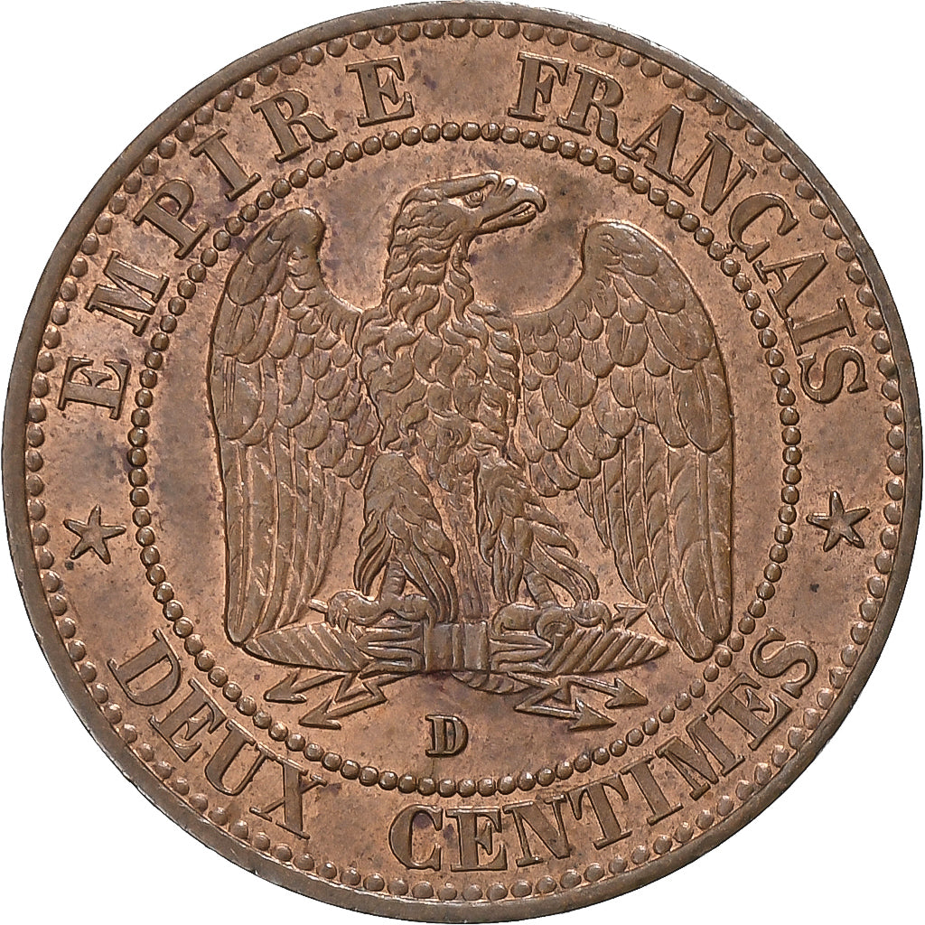 Francja, Napoleon III, 2 Centimes, 1854, Lyon, petit lion, Brązowy, AU(50-53)