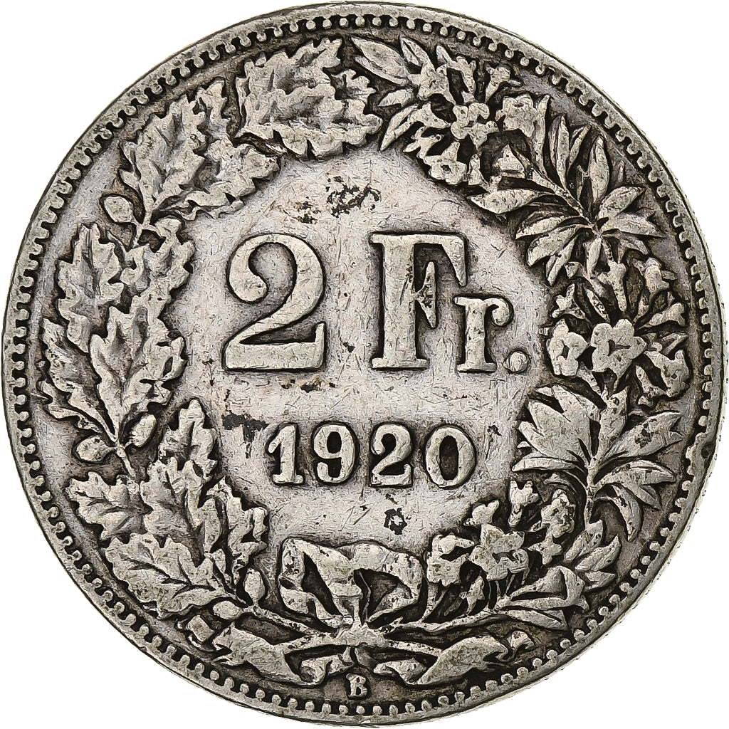Suiza, 2 Francs, 1920, Bern, Plata, MBC, KM:21
