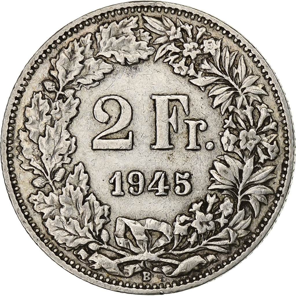 Szwajcaria, 2 Francs, 1945, Bern, Srebro, EF(40-45), KM:21