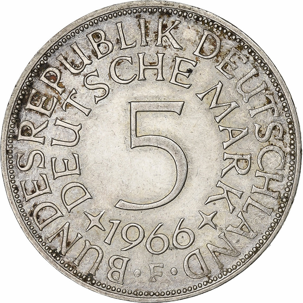 Niemcy - RFN, 5 Mark, 1966, Stuttgart, Srebro, AU(50-53), KM:112.1