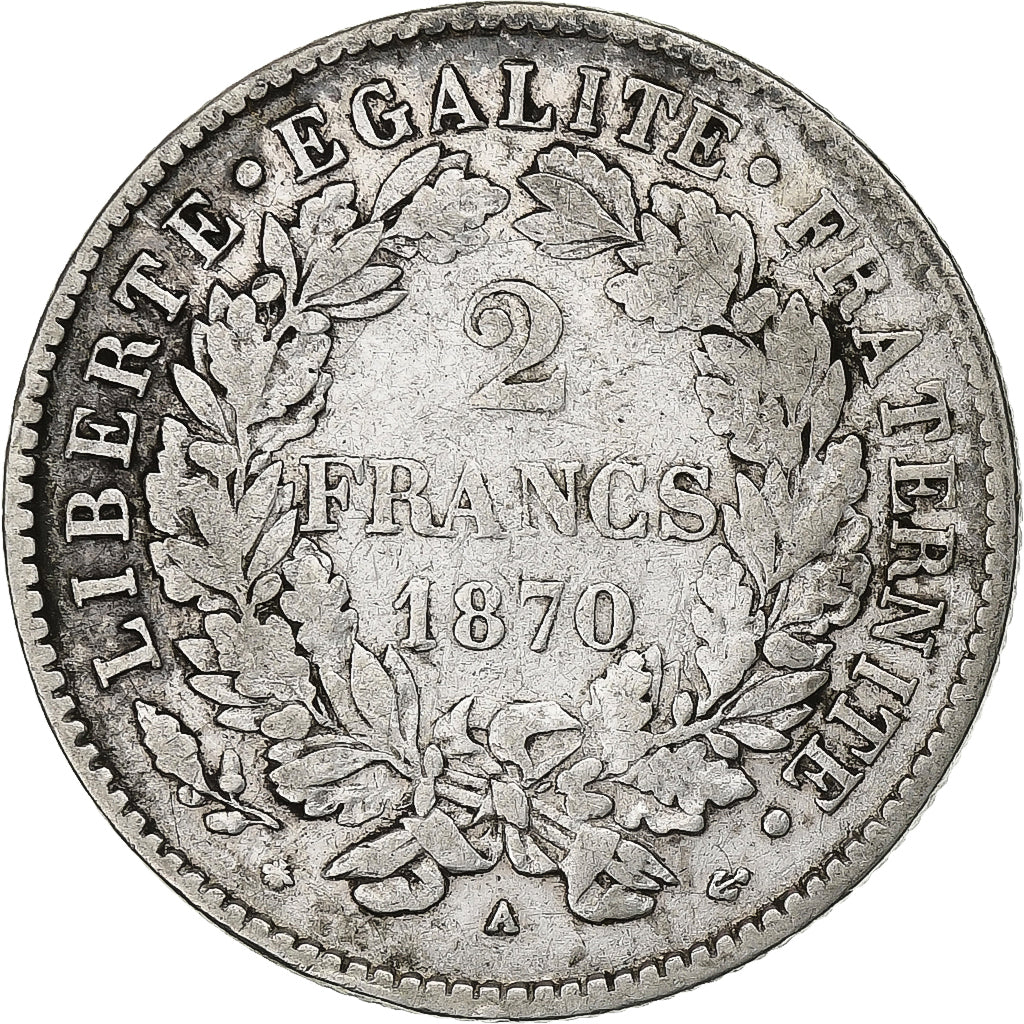 França, 2 Francs, Cérès, 1870, Paris, Prata, VF(30-35), Gadoury:530, KM:817.1
