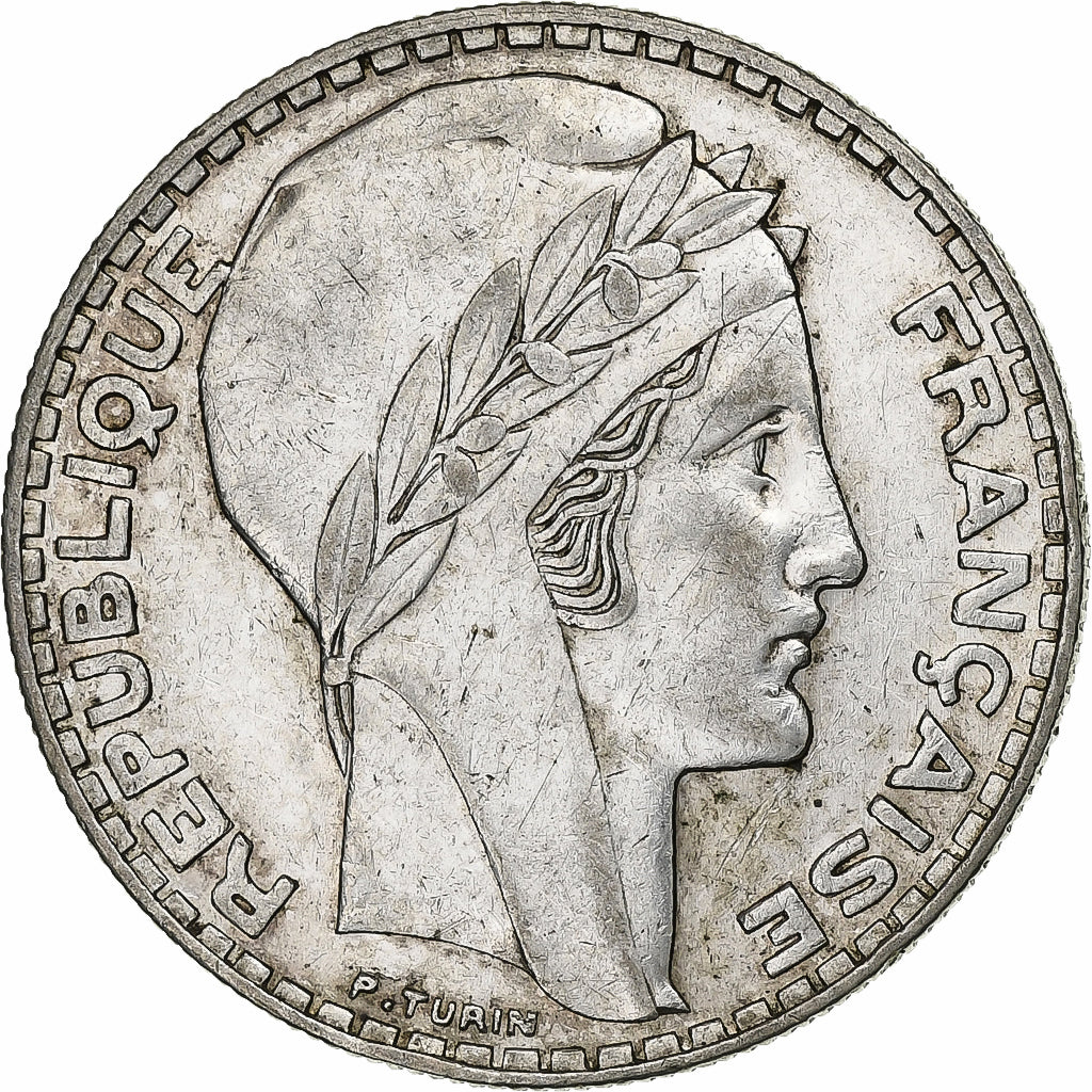 France, 20 Francs, Turin, 1933, Paris, Rameaux courts, Silver, AU(50-53)