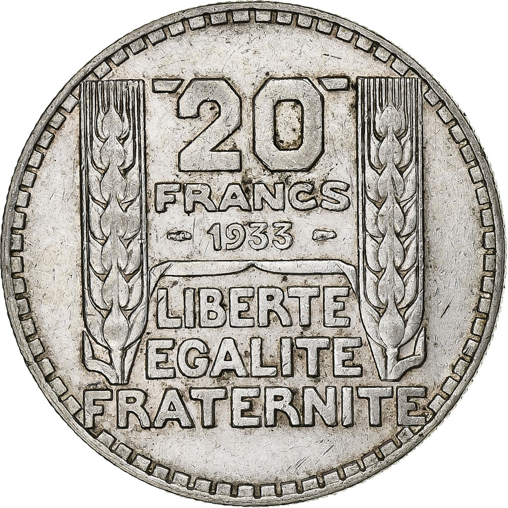 France, 20 Francs, Turin, 1933, Paris, Rameaux courts, Silver, AU(50-53)