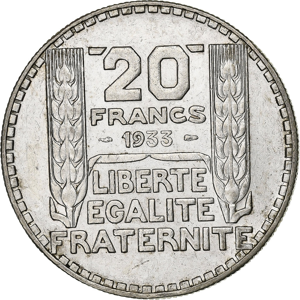 Francia, 20 Francs, Turin, 1933, Paris, Rameaux longs, Plata, MBC+, Gadoury:852