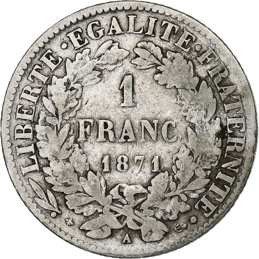 France, Franc, Cérès, 1871, Paris, Silver, VF(20-25), Gadoury:465, KM:822.1