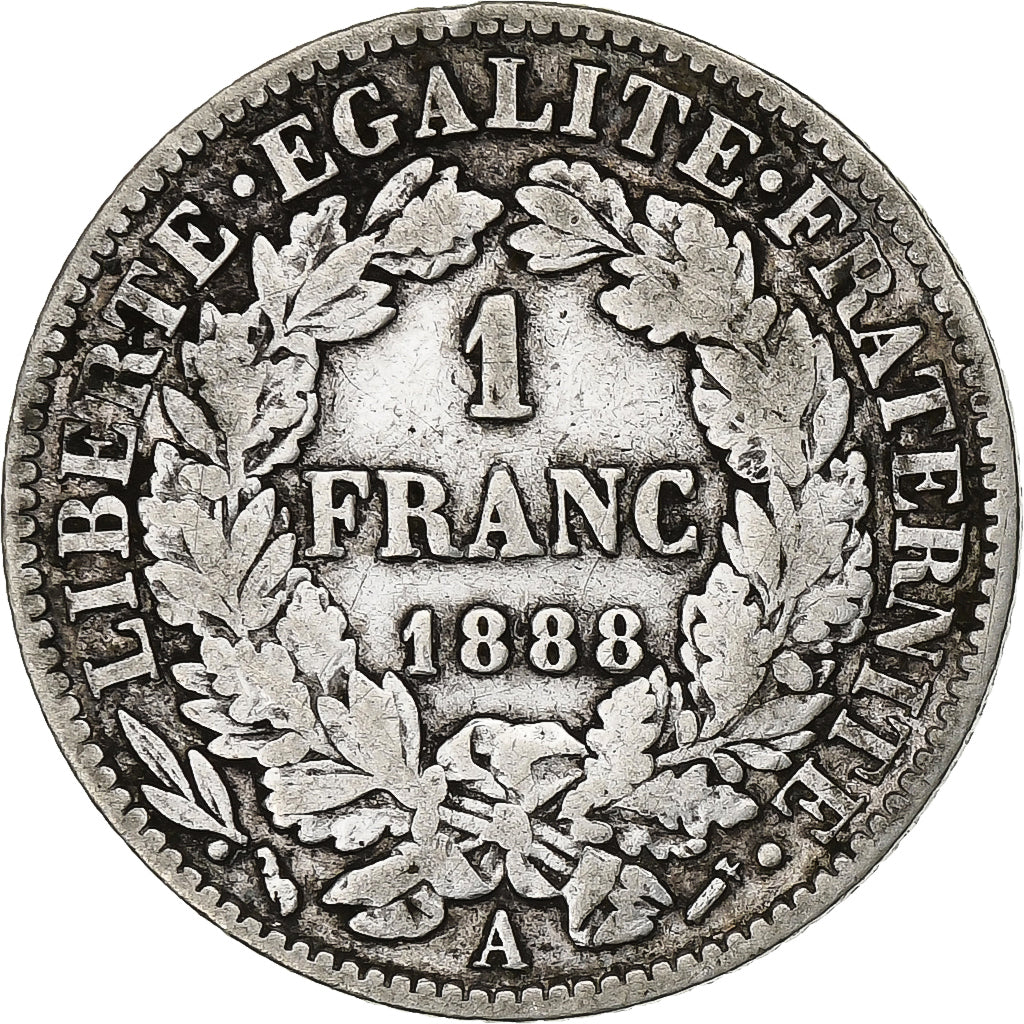 France, Franc, Cérès, 1888, Paris, Silver, VF(20-25), Gadoury:465a, KM:822.1