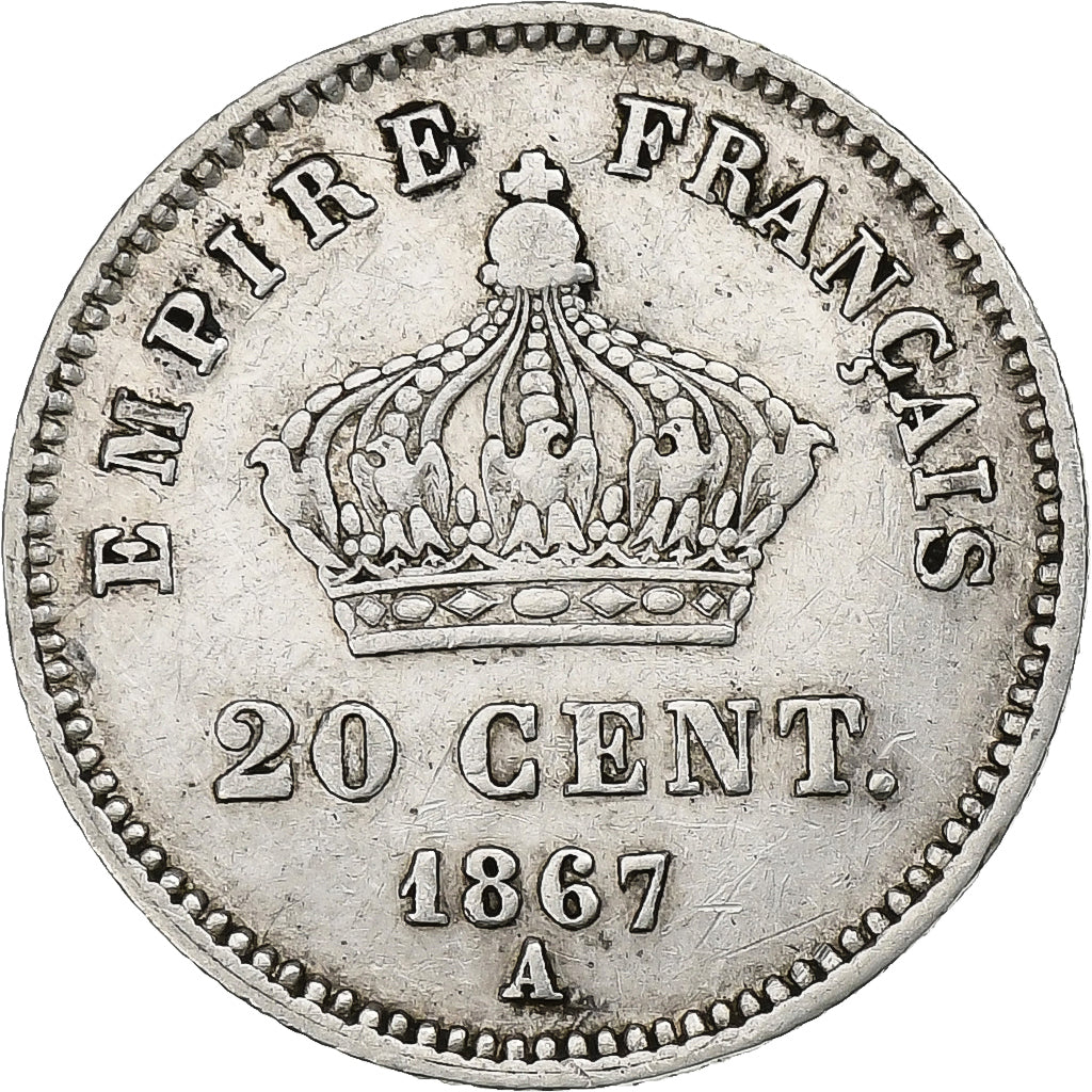 Francja, Napoleon III, 20 Centimes, 1867, Paris, Srebro, VF(30-35), Gadoury:309