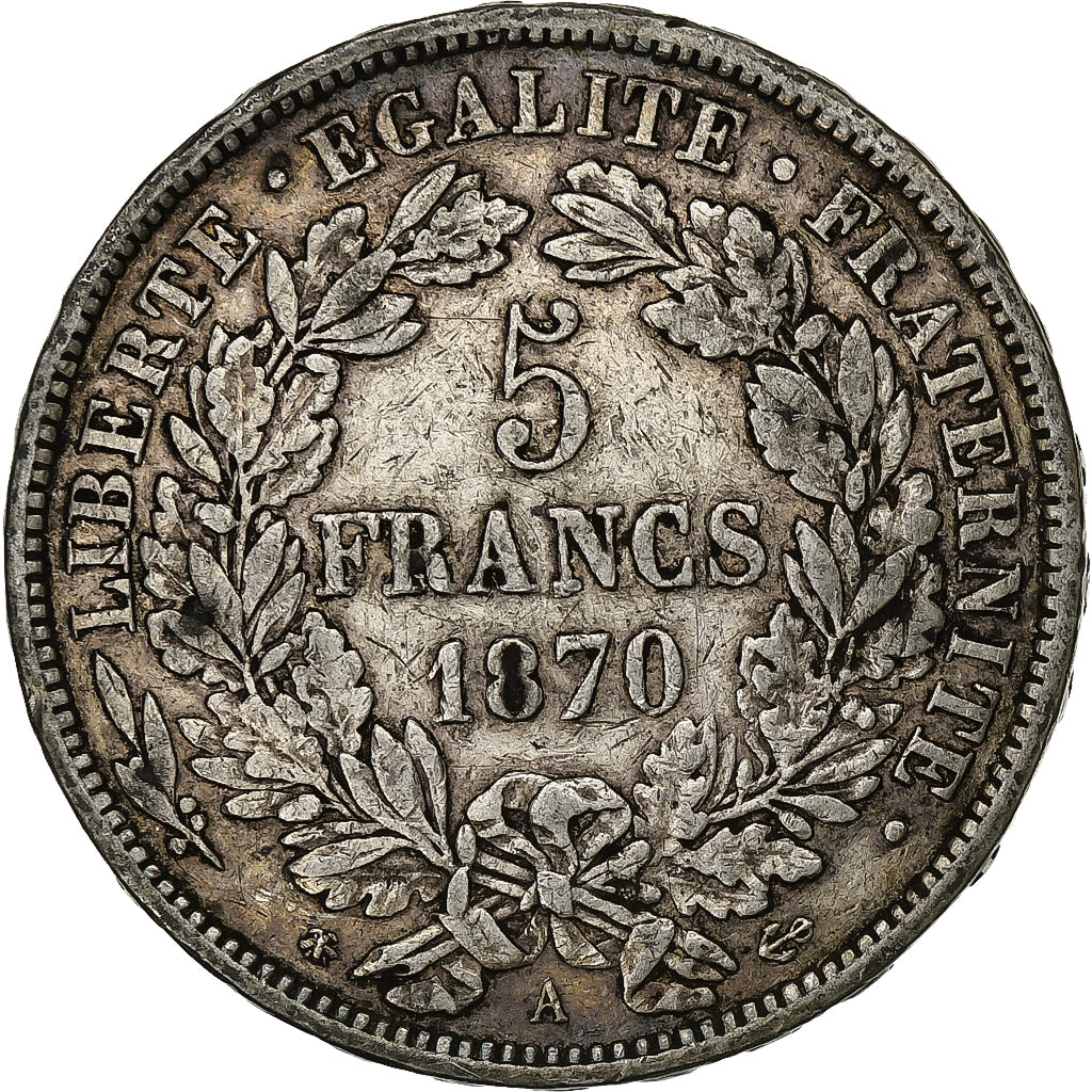 France, 5 Francs, Cérès, 1870, Paris, Silver, EF(40-45), Gadoury:743, KM:819