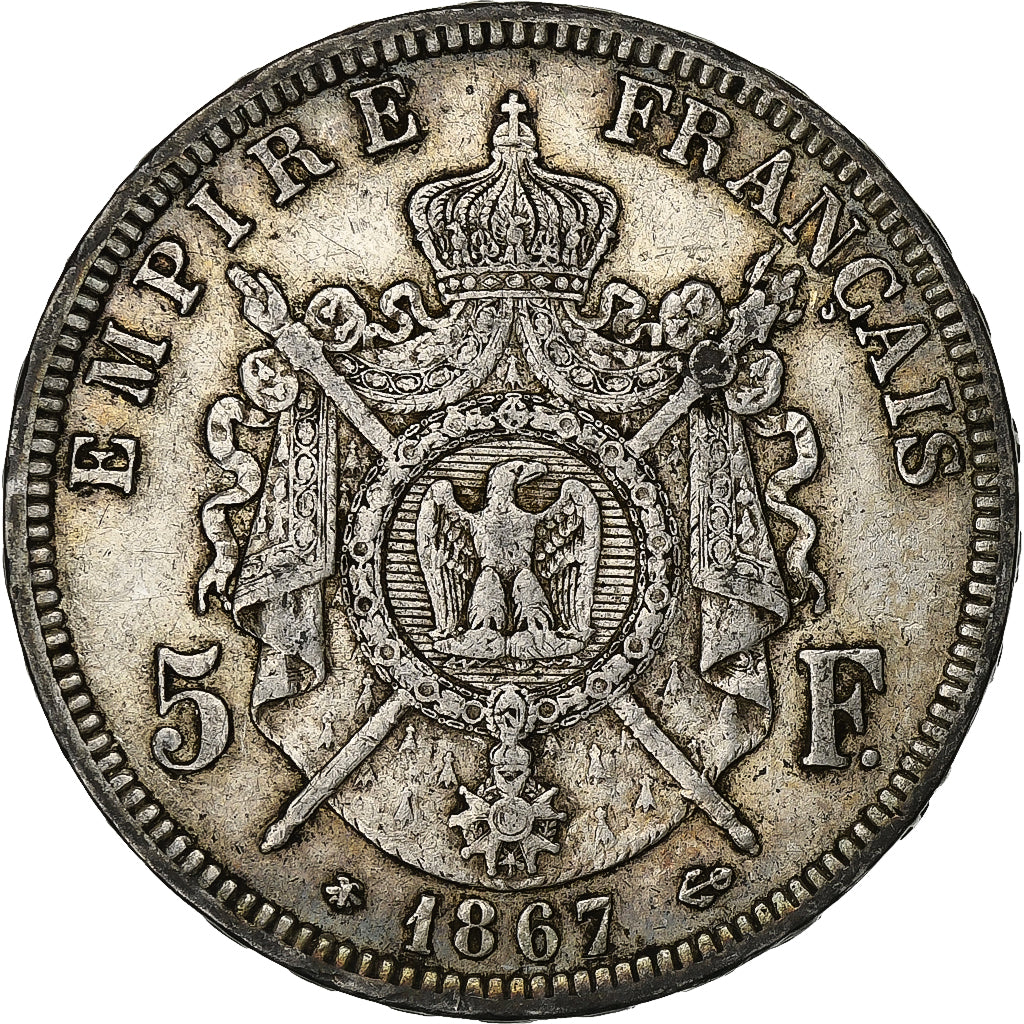 Frankrijk, Napoleon III, 5 Francs, 1867, Paris, Zilver, ZF, Gadoury:739