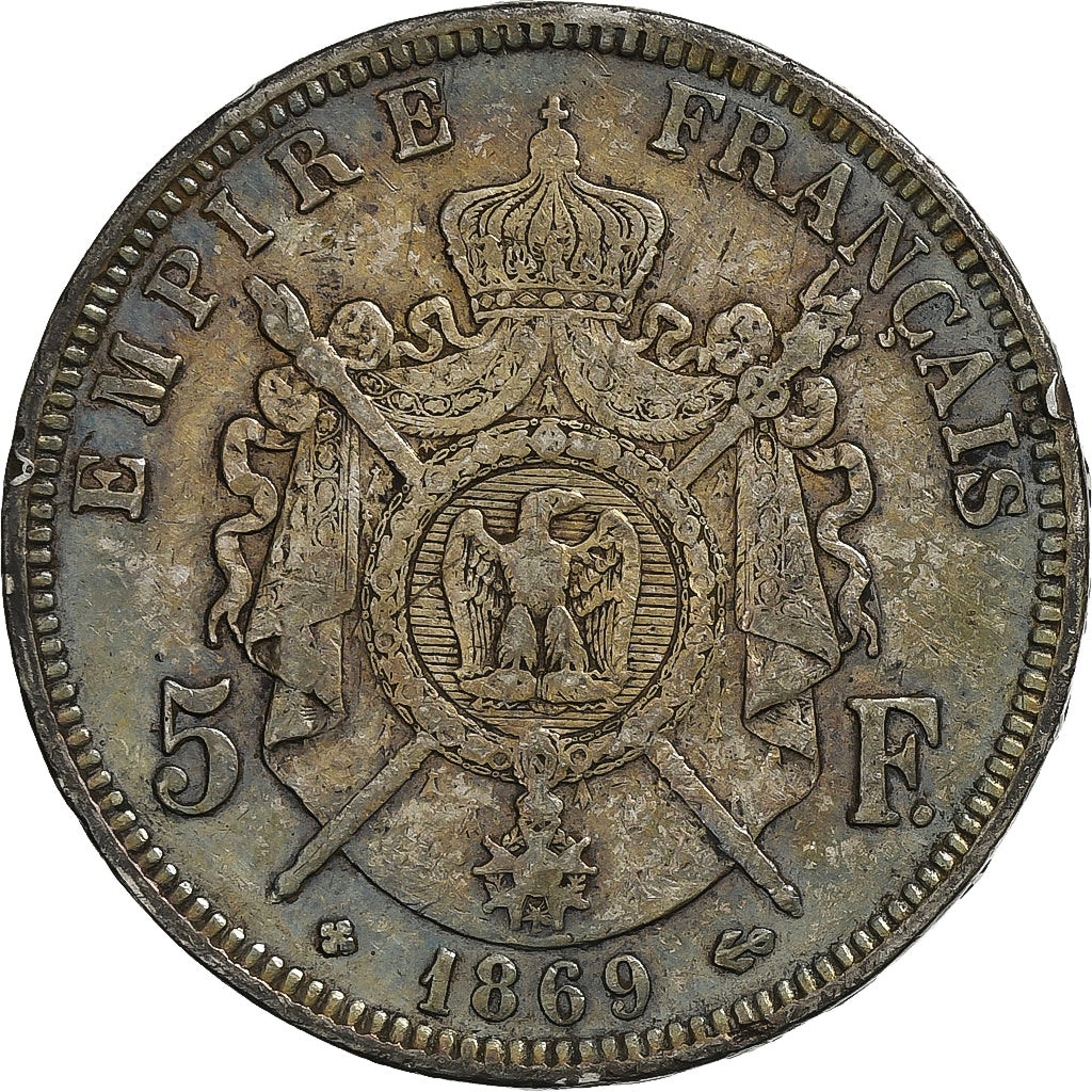 Francia, Napoleon III, 5 Francs, 1869, Strasbourg, Argento, BB, Gadoury:739
