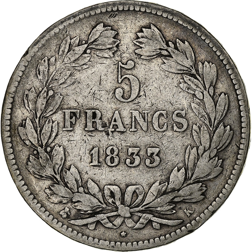 Francia, Louis-Philippe I, 5 Francs, 1833, Bordeaux, Argento, MB+, Gadoury:678