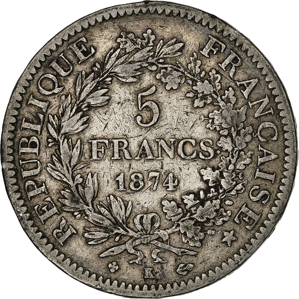France, 5 Francs, Hercule, 1874, Bordeaux, Silver, VF(30-35), Gadoury:745a