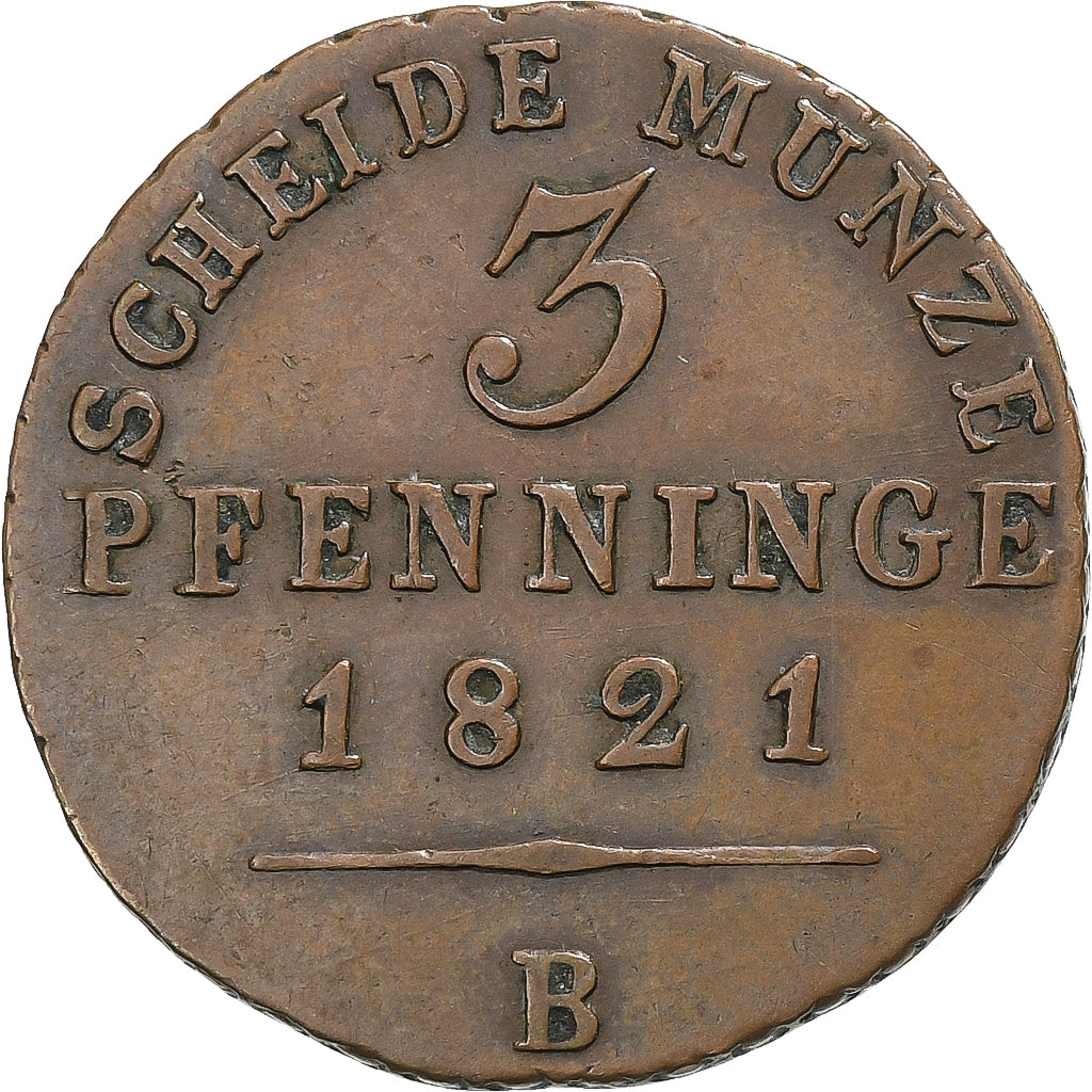German States, PRUSSIA, Friedrich Wilhelm III, 3 Pfennig, 1821, Breslau, Copper