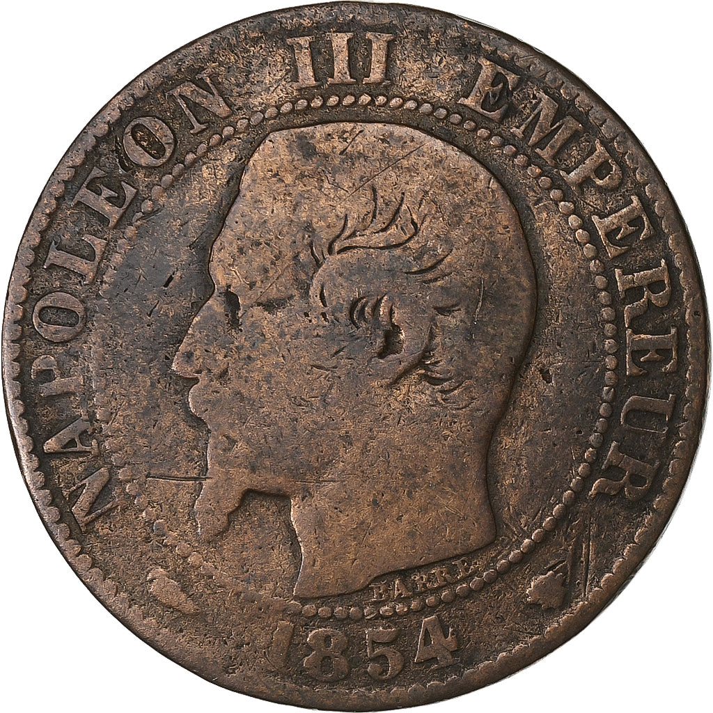 França, Napoleon III, 5 Centimes, 1854, Marseille, Bronze, F(12-15)