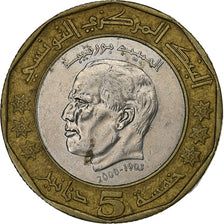 Tunisia, 5 Dinars, 2002/AH1423, Bi-metallico, BB, KM:444