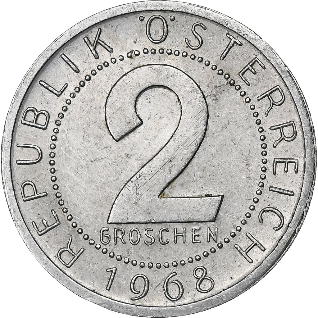 Áustria, 2 Groschen, 1968, Alumínio, AU(50-53), KM:2876