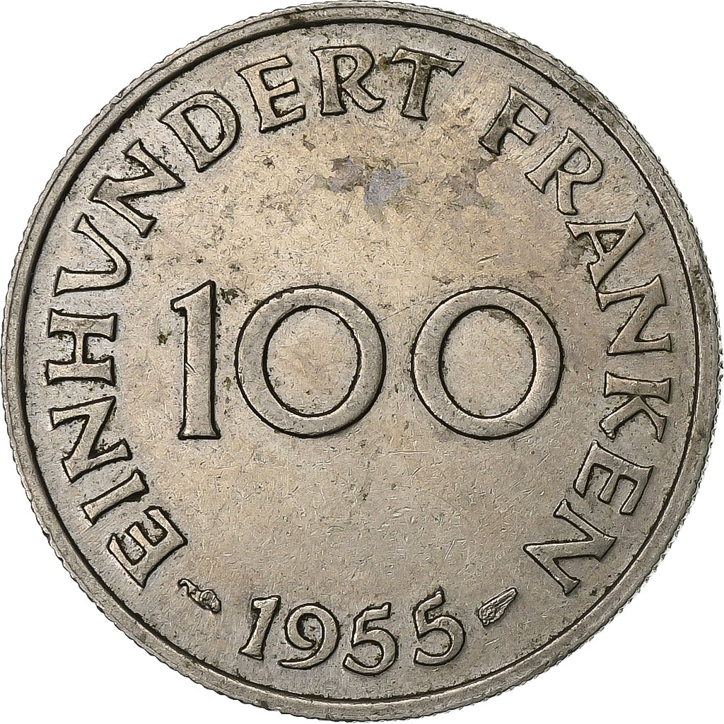 SAARLAND, 100 Franken, 1955, Paris, Copper-nickel, EF(40-45), KM:4