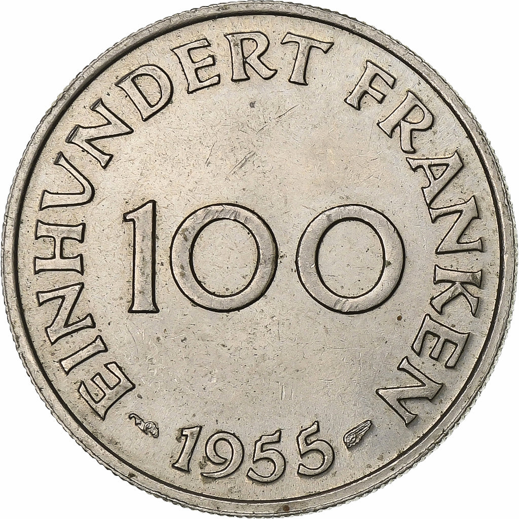 SAARLAND, 100 Franken, 1955, Paris, Kupfer-Nickel, SS+, KM:4