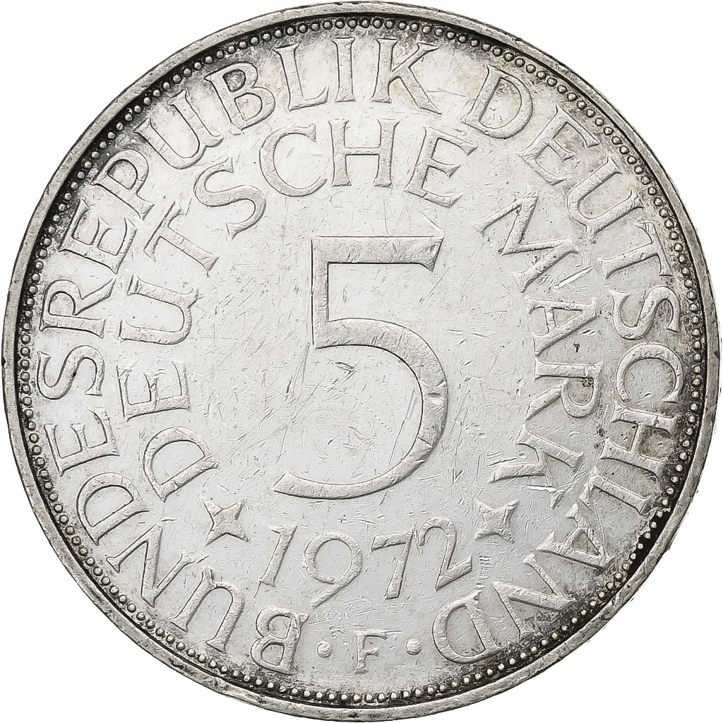 ALEMANIA - REPÚBLICA FEDERAL, 5 Mark, 1972, Stuttgart, Plata, MBC+, KM:112.1