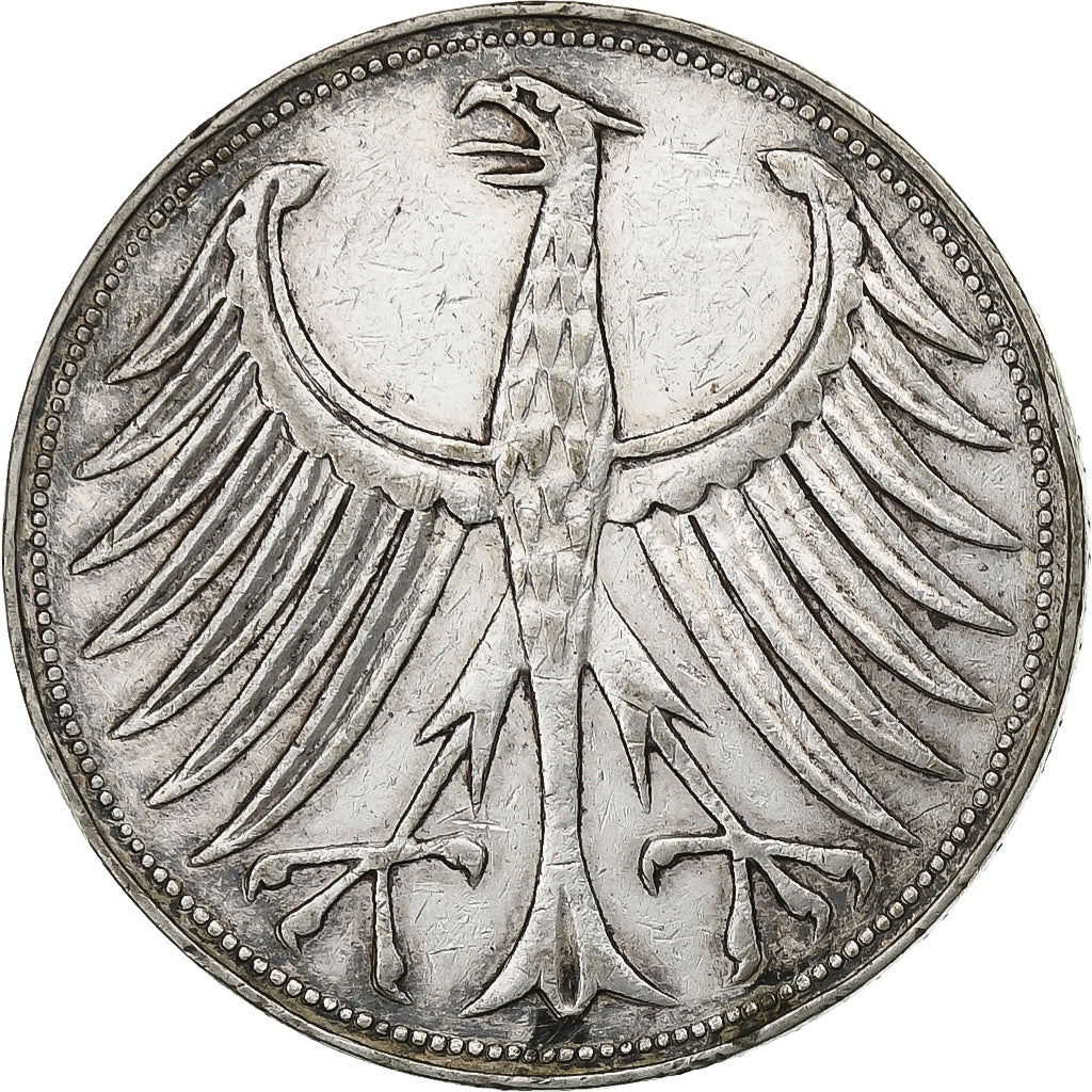 ALEMANIA - REPÚBLICA FEDERAL, 5 Mark, 1956, Stuttgart, Plata, MBC, KM:112.1