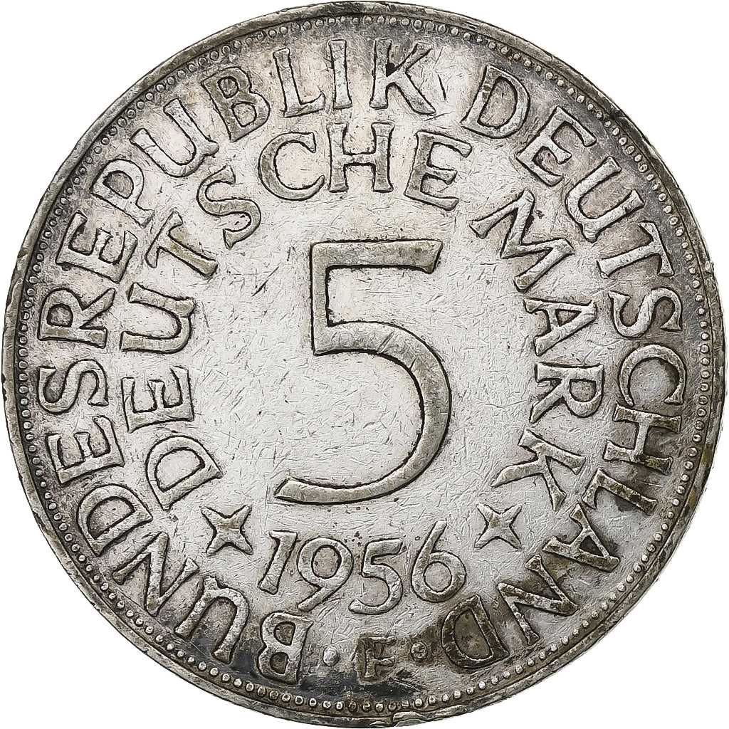 ALEMANIA - REPÚBLICA FEDERAL, 5 Mark, 1956, Stuttgart, Plata, MBC, KM:112.1