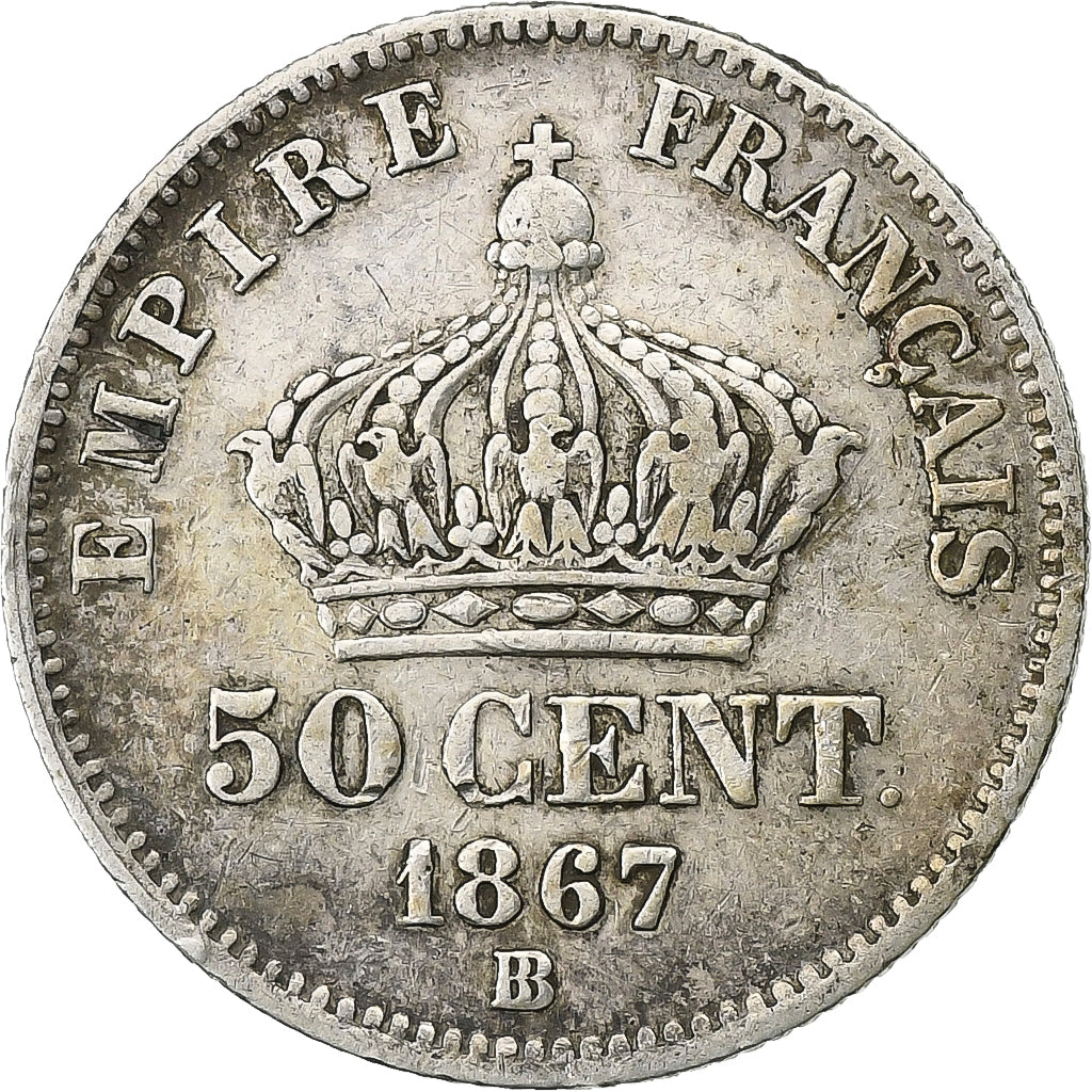 France, Napoleon III, 50 Centimes, 1867, Strasbourg, grand BB, Silver