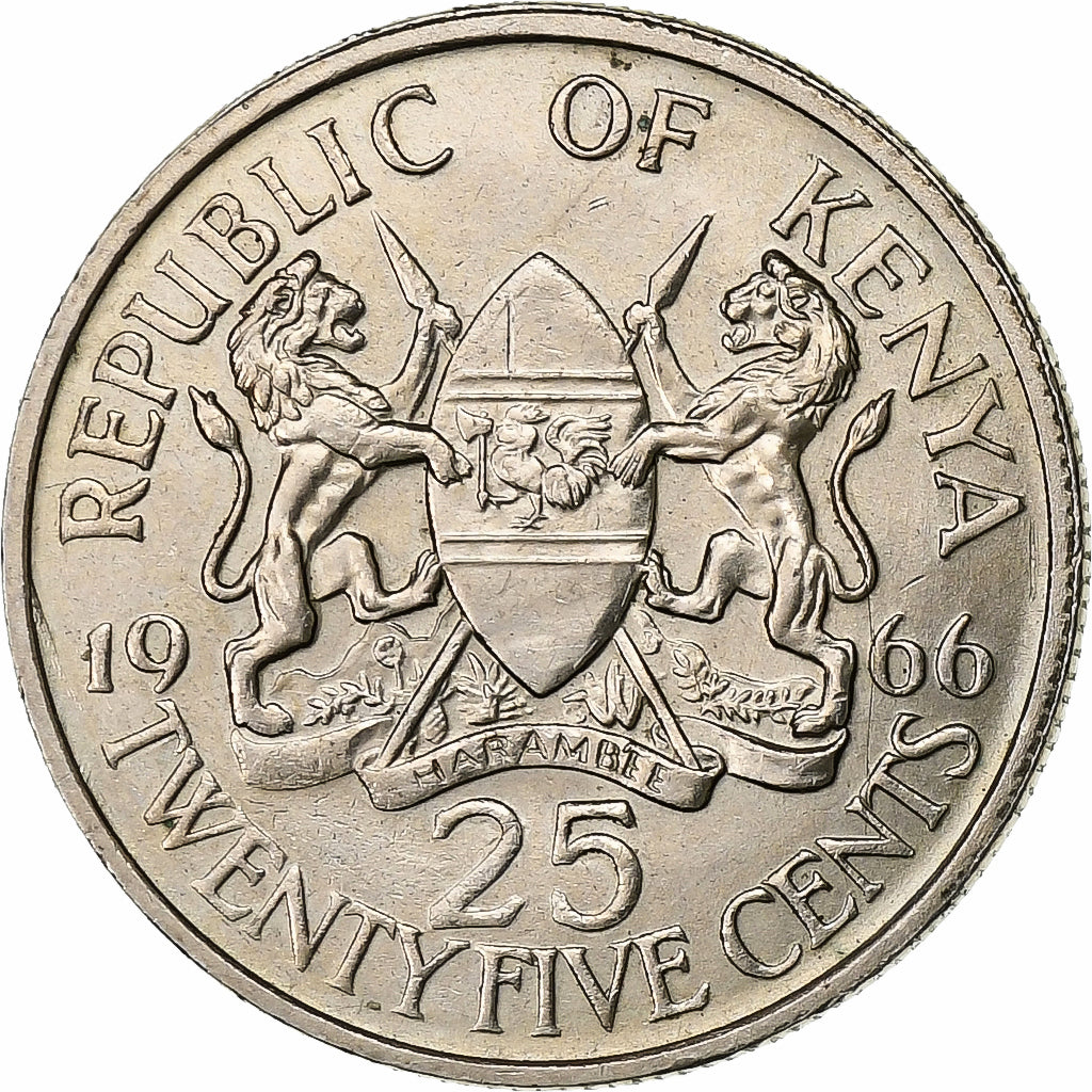 Kenya, 25 Cents, 1966, Copper-nickel, AU(50-53), KM:3