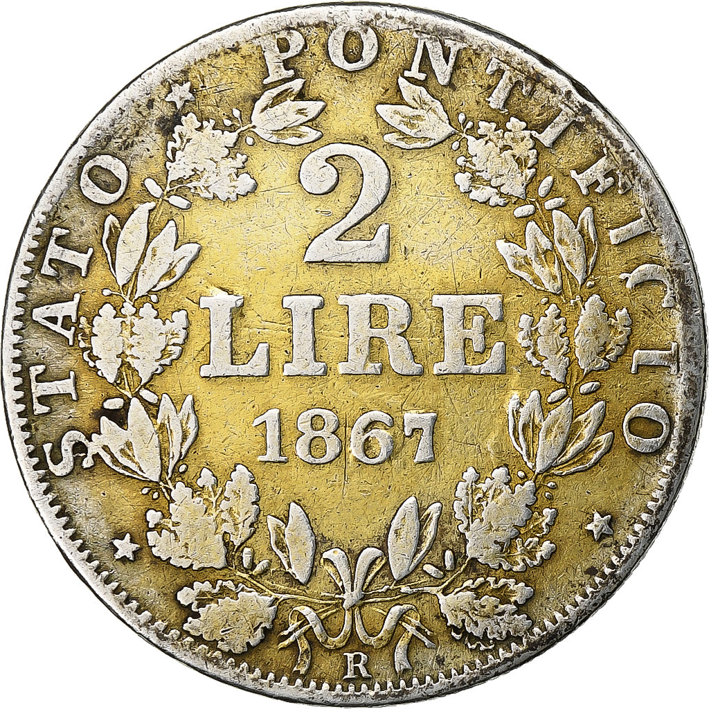 Estados italianos, PAPAL STATES, Pius IX, 2 Lire, 1867, Rome, Plata, MBC
