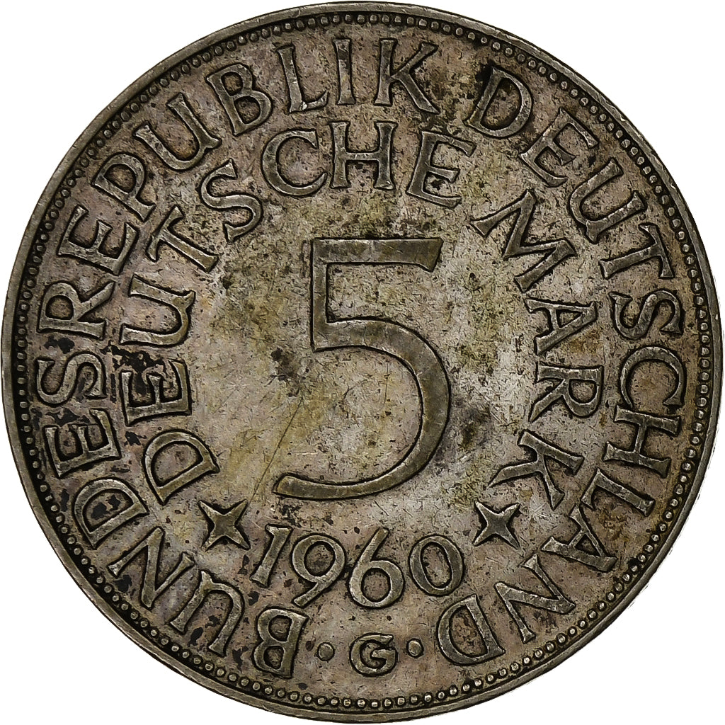 GERMANY - FEDERAL REPUBLIC, 5 Mark, 1960, Karlsruhe, Silver, EF(40-45), KM:112.1