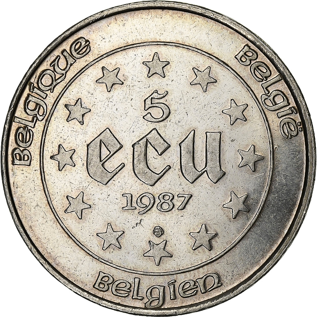 Belgium, Baudouin I, 5 Ecu, 1987, Silver, AU(55-58), KM:166
