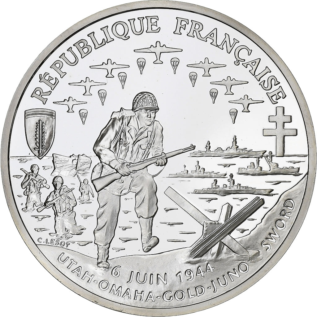 Francja, Franc, Débarquement allié, 1993, Monnaie de Paris, Proof, Srebro